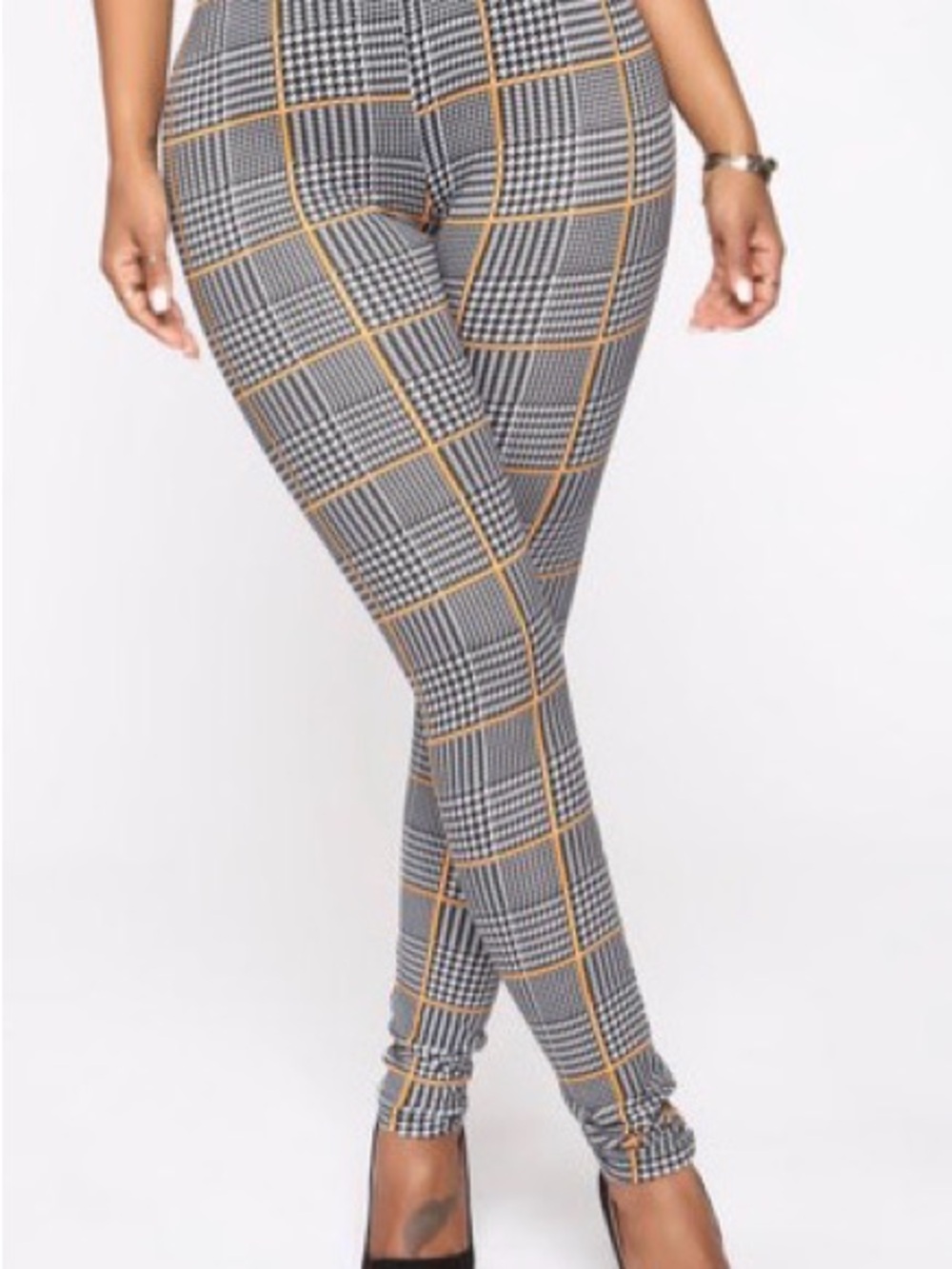 Fashion Nova Gray Plaid Skinny Leggings with Yellow Windowpane